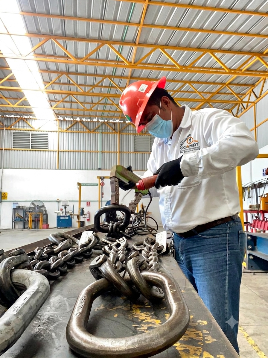 Inspección de partículas magnéticas en cadenas y aparejos